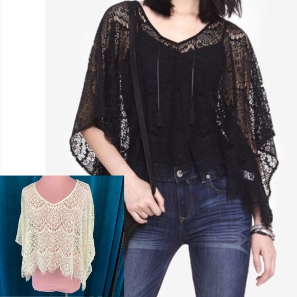 Express Crochet Lace Cropped Poncho Top In Cream - Picture 1 of 7
